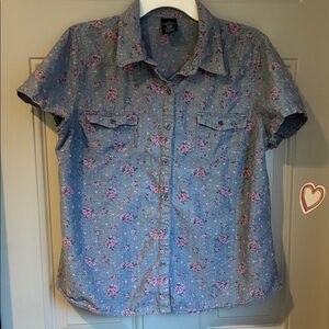 Faded Glory Blue and Pink Floral Button Down Shirt